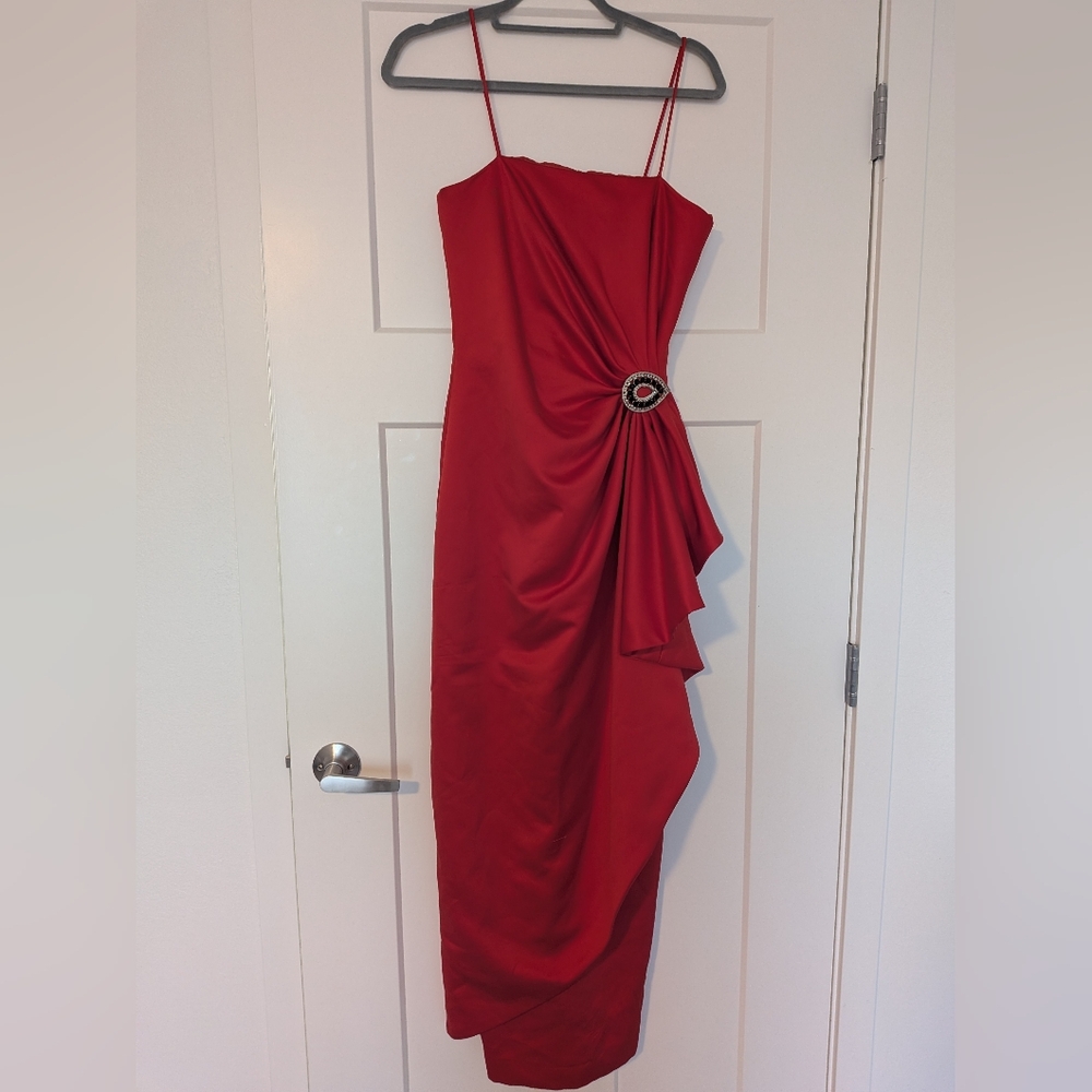 Vintage Chic Asymmetrical Red Dress with Embellishment